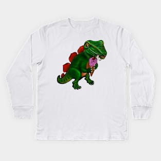 Dinosaur with ice cream  - green and orange dinosaur with sharp teeth fangs enjoying an ice cream treat with. Cherry on top Kids Long Sleeve T-Shirt